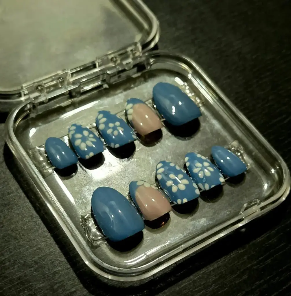 Blue Flower French tip nails